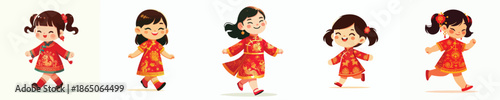 vector of little girl walking on Chinese New Year