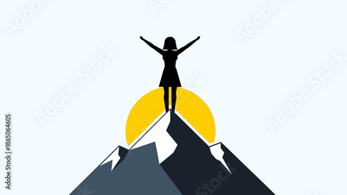 Woman silhouette on mountain peak with arms raised celebrating success at sunrise.