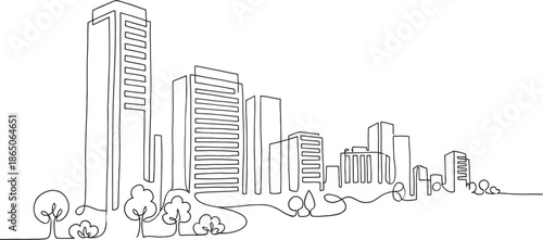 Continuous line drawing of a modern city skyline with skyscrapers and trees for urban landscape architecture and sustainable metropolitan development