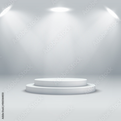  Modern white 3D podium stage with soft overhead lighting.