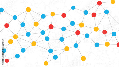 Vibrant abstract network of interconnected dots and lines, representing data, communication, blockchain, and global connectivity with scientific motifs.