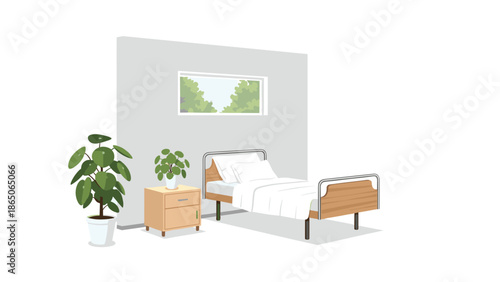 Minimalist hospital room or bedroom with a single bed, bedside table, and plant, conveying a sense of calm and recovery for patient care.