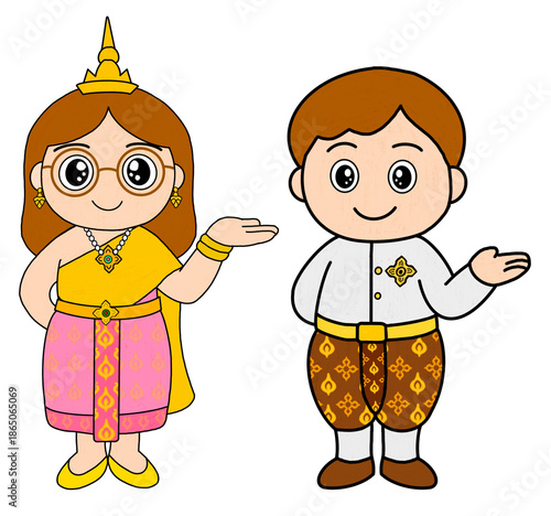 Cute cartoon illustration of Thai man and woman wearing traditional costumes, suitable for culture education, children media, festival design, and Thai heritage themes in welcome action