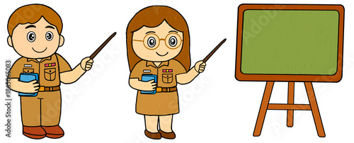 Cute cartoon illustration of male and female Thai teachers in uniform teaching beside a green blackboard, suitable for education, classroom, and school design use.