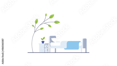 Serene and minimalist hospital room or bedroom with a single bed and a vibrant green plant, conveying hope and nature for patient recovery.