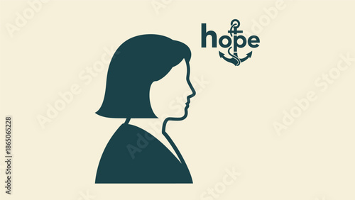 Illustration of a woman in profile with the word 'hope' and an anchor symbol above her head, representing optimism and resilience.
