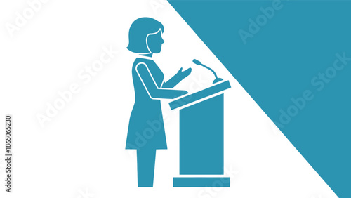 Female speaker giving a presentation at a podium, an icon representing public speaking and communication.