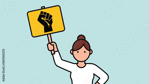 Woman holding a protest sign with a raised fist symbol, representing activism and social justice.