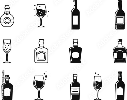Alcohol Bottle and Wine Glass Outline Icon Set Minimal Black Line Vector Illustration for Bar, Beverage, and Menu Design