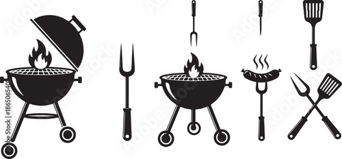 BBQ grill icon set. Barbecue and bar-b-q tools including spatula, grill fork, picnic, and fire symbols. Vector illustration