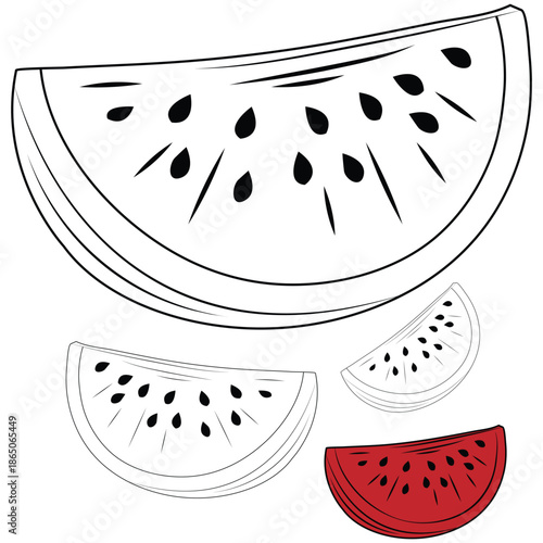 A colorful watermelon slice illustration and its black and white counterpart
