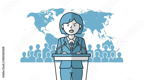 Female speaker addressing a crowd at a conference with a world map background, illustrating global communication and public speaking.