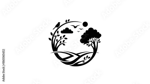 Circular nature landscape with trees, birds, clouds, and fields in black and white.