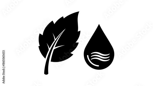 Black and white illustration of a leaf and a water drop, symbolizing nature and freshness.