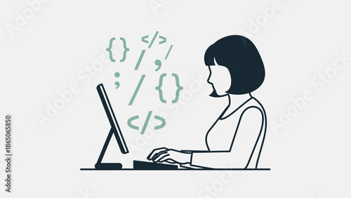 Woman coding at computer with programming symbols floating above her screen, illustrating software development and IT work.