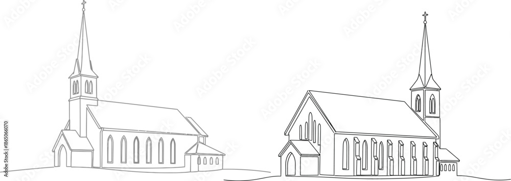 Fototapeta premium Two classic church buildings with steeples and arched windows, architectural drawing illustration