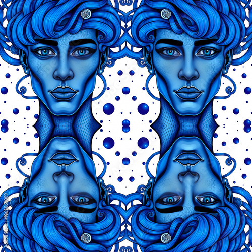 Bblue alien on a white background with geometric elements. Seamless pattern for fabric, bags, covers, and wallpaper.