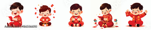 vector of a little boy sitting happily opening Chinese New Year red envelopes