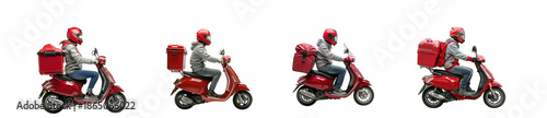 A sequence illustrating a delivery driver on a red scooter in various stages of motion on transparent background