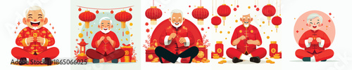 vector of a grandfather sitting happily opening Chinese New Year red envelopes