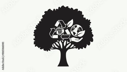 Eco-friendly tree with recycling symbols and earth globe, representing environmental conservation and sustainability.