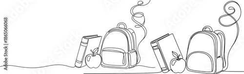 A seamless single line drawing showcasing a collection of essential school items, including backpacks, books, and apples, representing the journey of education and the spirit of learning