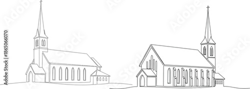 Two classic church buildings with steeples and arched windows, architectural drawing illustration