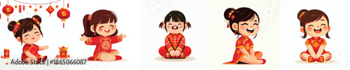 vector of a little girl sitting happily on Chinese New Year