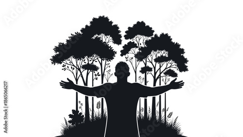 Silhouette of a man with open arms in front of a forest, symbolizing nature connection and environmental care.