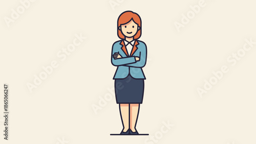 Confident young businesswoman standing with arms crossed, wearing a blue suit and skirt, a professional cartoon character illustration.