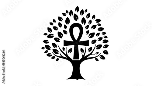 Ankh symbol within a tree silhouette, representing life, growth, and ancient Egyptian culture.