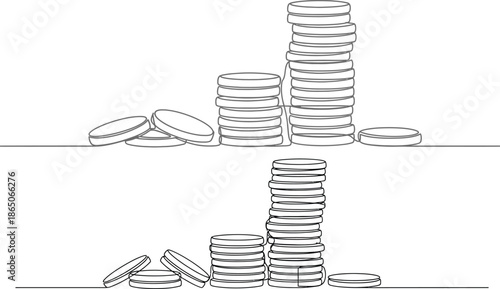 Minimalist continuous line art illustration depicting evolving financial states with stacks of coins, symbolizing wealth accumulation, investment growth, and potential economic instability or decline