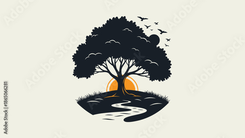 Stylized illustration of a large tree with birds flying, a winding river, and a setting sun.