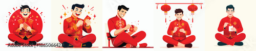 vector of a man sitting happily opening Chinese New Year red envelopes
