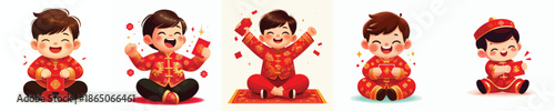 vector of a little boy sitting happily opening Chinese New Year red envelopes