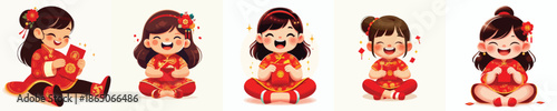 vector of a little girl sitting happily opening Chinese New Year red envelopes