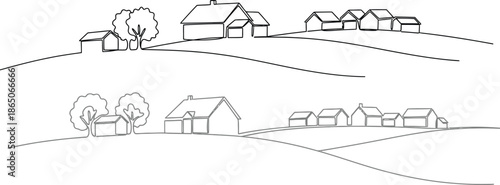Rural village landscape with rolling hills and stylized houses, simple line drawing illustration