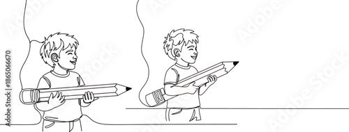 Minimalist continuous line illustration depicting two cheerful young boys holding large pencils, embodying early artistic expression, education, and the joy of creation
