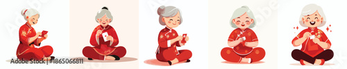 vector of a grandmother sitting happily opening Chinese New Year red envelopes
