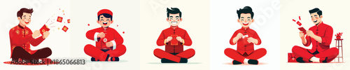 vector of a man sitting happily opening Chinese New Year red envelopes