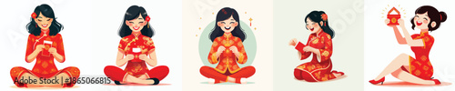 vector of a woman sitting happily opening Chinese New Year red envelopes