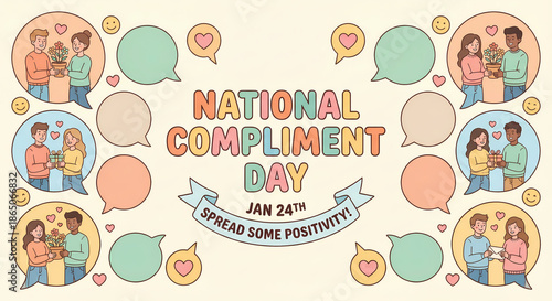 National Compliment Day banner with diverse couples exchanging compliments and gifts, promoting positivity on January 24th.