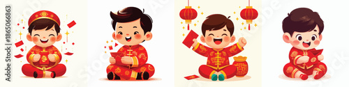 vector of a little boy sitting happily opening Chinese New Year red envelopes
