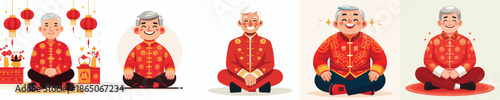 vector of a grandfather sitting happily on Chinese New Year