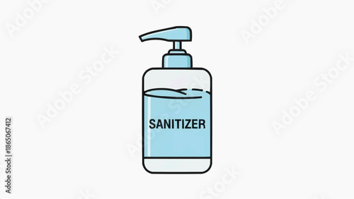 Hand Using Clear Sanitizer Pump Bottle for Hygiene and Germ Protection in Clean Indoor Environment, Front View Illustration