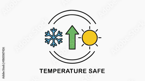 Iconographic representation of temperature safety, featuring a snowflake and sun with an upward arrow indicating a safe range
