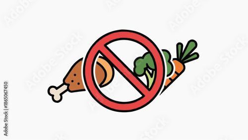 Prohibited food items illustration featuring various food groups like meat, fruit, and vegetables crossed out, symbolizing dietary restrictions, fasting, or food allergies and intolerances