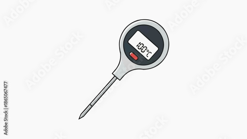 Modern Digital Food Thermometer with Stainless Steel Probe Displaying 100°C, an Essential Kitchen Instrument for Accurate Temperature Control in Cooking and Baking