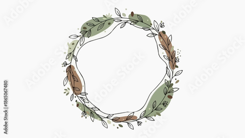 Delicate Wreath Illustration with Feathers and Leaves on a White Background