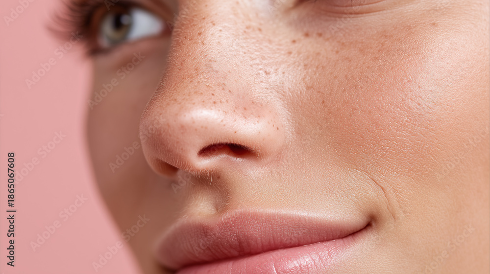 Naklejka premium Close up of nose bridge cheek and under eye with natural skin texture and freckles on smooth face with soft pink background